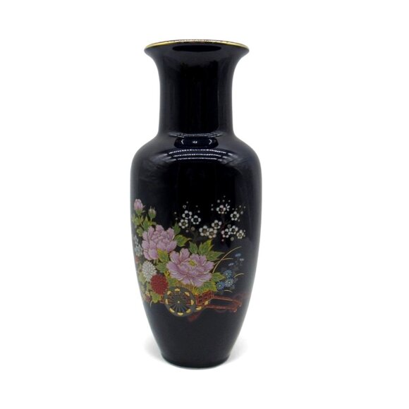 Vintage JAPANESE Cobalt Blue Ceramic VASE with Flowers And Gold Accent 12" Tall - Picture 1 of 11